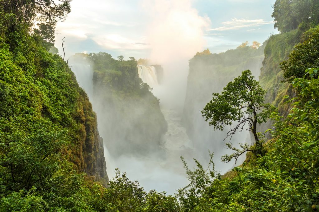 Victoria Falls, the Zambezi river waterfalls viewed from the cliffs of Zimbabwe